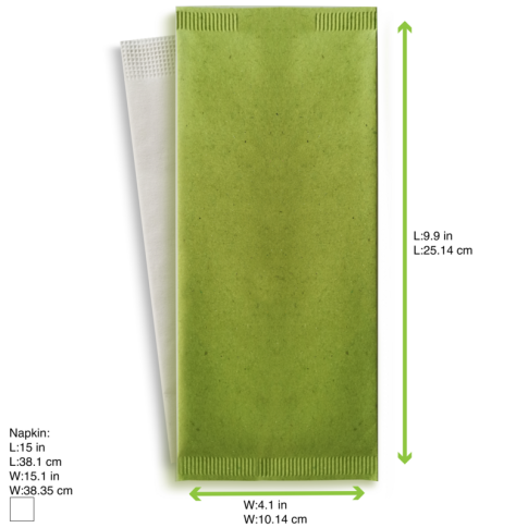 Pochette papier vert pour couverts avec serviette blanche