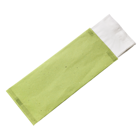 Pochette papier vert pour couverts avec serviette blanche