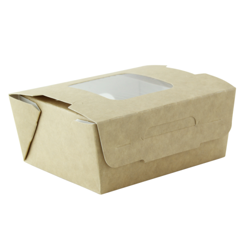 Boîte salade carton kraft brun à double fenêtre 1250ml   H45mm