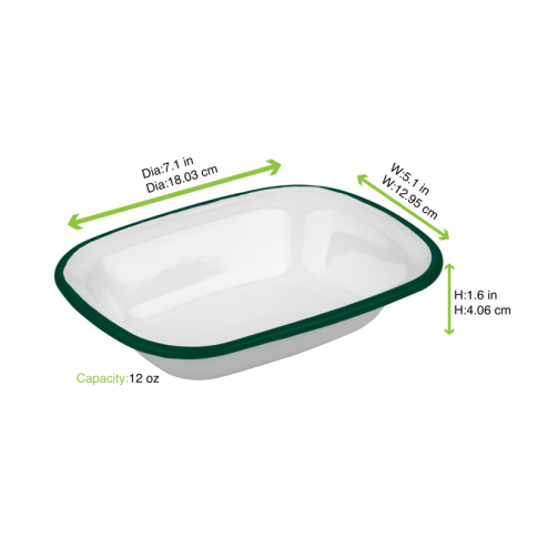 Enamel Barquette  Acier Emaillé Blanche /Bord Vert  350Ml - 180X130Mm H40Mm X 12Pcs