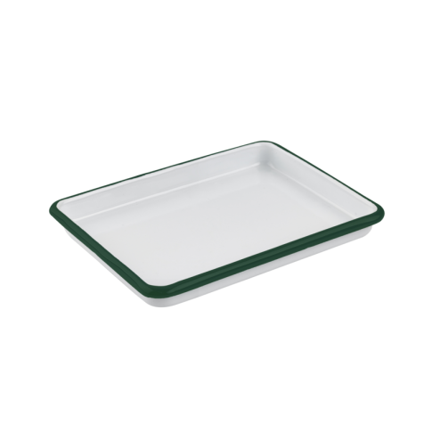 Enamel Plateau Acier Emaillé Blanche /Bord Vert  - 165X122Mm H25Mm X 12Pcs