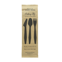 "Hercule" kit couvert bois 4/1: couteau fourchette cuillère serviette, emballage kraft 18,5cm