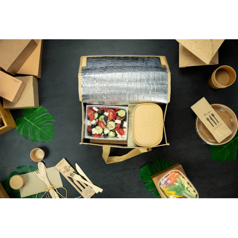 "Hercule" kit couvert bois 4/1: couteau fourchette cuillère serviette, emballage kraft 18,5cm