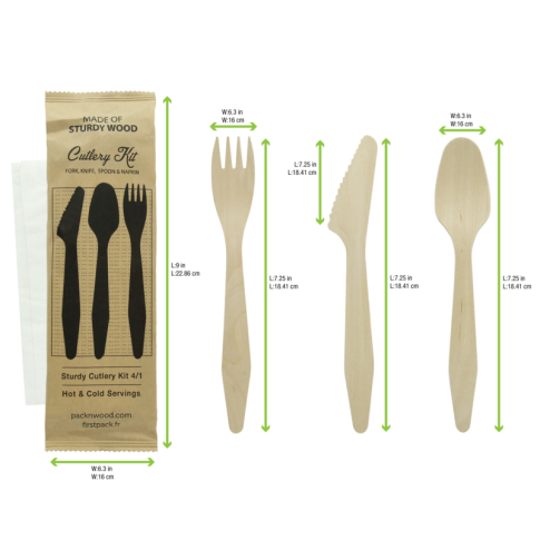 "Hercule" kit couvert bois 4/1: couteau fourchette cuillère serviette, emballage kraft 18,5cm