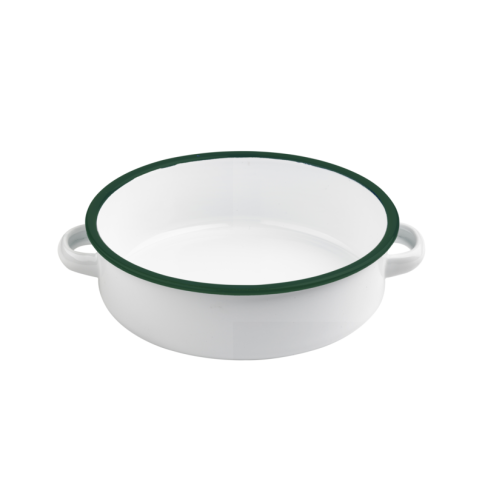 Enamel Plat Rond Avec Anses  Acier Emaillé Blanche /Bord Vert 1000Ml - Diam180Mm H50Mm X 12Pcs