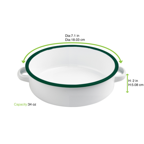 Enamel Plat Rond Avec Anses  Acier Emaillé Blanche /Bord Vert 1000Ml - Diam180Mm H50Mm X 12Pcs