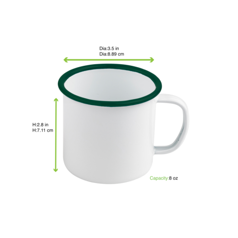 Enamel Mug Acier Emaillé Blanche /Bord Vert 250Ml - Diam.90Mm H70Mm X 12Pcs