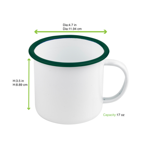Enamel Mug Acier Emaillé Blanche /Bord Vert 500Ml - Diam.120Mm H90Mm X 12Pcs