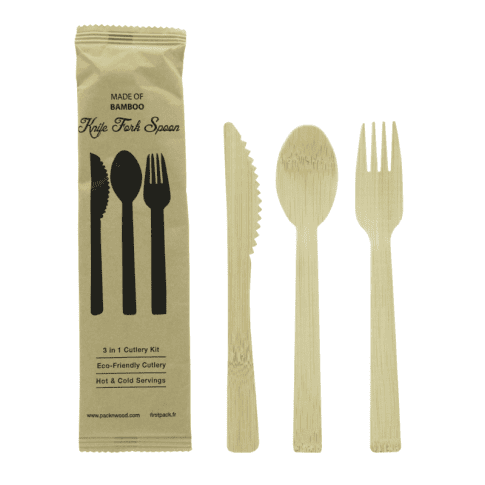 Kit couverts bambou "Anji" 3/1: couteau fourchette cuillère, emballage kraft    H170mm