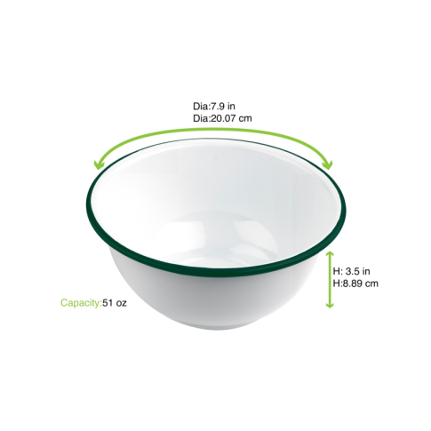 Enamel Bol Profond Acier Emaillé Blanche /Bord Vert  1500Ml - Diam.200Mm H90Mm X 12Pcs