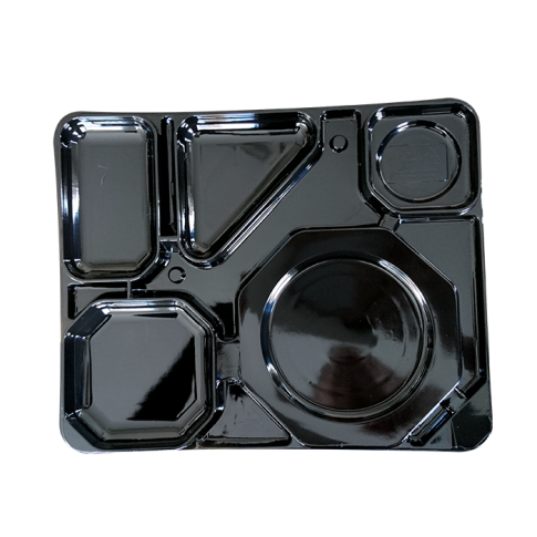Plateau traiteur plastique PS noir avec 6 compartiments    H15mm