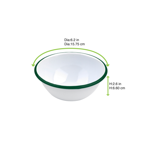 Enamel Bol Profond Acier Emaillé Blanche /Bord Vert 550Ml - Diam.158Mm H65Mm X 12Pcs