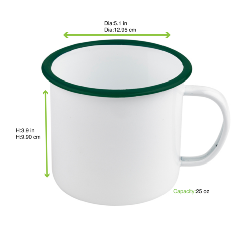 Enamel Mug Acier Emaillé Blanche /Bord Vert 750Ml - Diam.130Mm H100Mm X 12Pcs