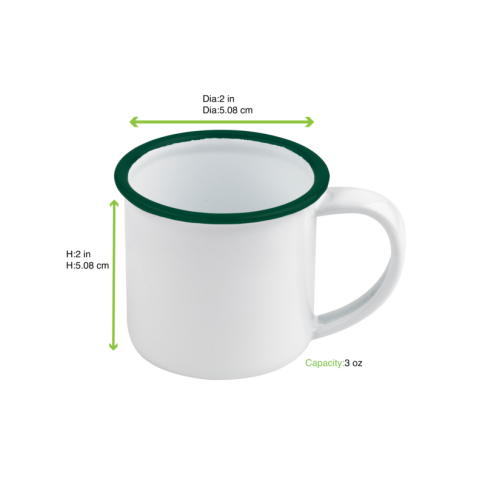 Enamel Mini Mug Acier Emaillé Blanche /Bord Vert 90Ml - Diam.50Mm H50Mm X 12Pcs