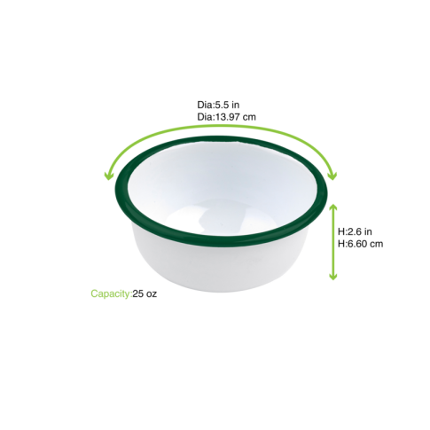 Enamel Bol Profond Bords Droits Acier Emaillé Blanche /Bord Vert 750Ml - Diam.140Mm H65Mm X 12Pcs