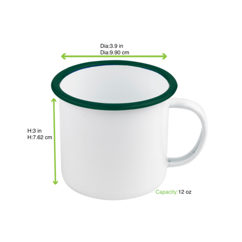 Enamel Mug Acier Emaillé Blanche /Bord Vert 350Ml - Diam.100Mm H75Mm X 12Pcs