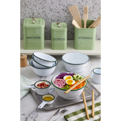 Enamel Mug Acier Emaillé Blanche /Bord Vert 150Ml - Diam.80Mm H60Mm X 12Pcs