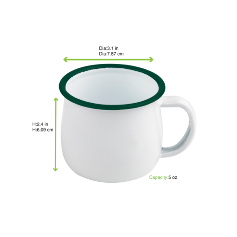 Enamel Mug Acier Emaillé Blanche /Bord Vert 150Ml - Diam.80Mm H60Mm X 12Pcs
