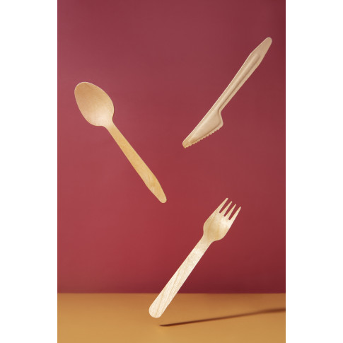 "Hercule" Kit couverts bois 3/1: couteau fourchette cuillère emballage kraft    H185mm