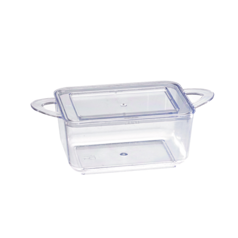 Mise en bouche plastique PS vert rectangulaire transparente avec anses et couvercle "Loukià" 75 ml 9,6 x 5 x 3,5 cm