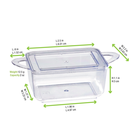 Mise en bouche plastique PS vert rectangulaire transparente avec anses et couvercle "Loukià" 75 ml 9,6 x 5 x 3,5 cm