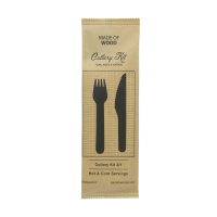 Kit couverts bois 3/1: couteau fourchette serviette, emballage kraft    H165mm