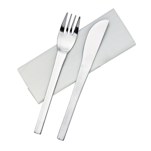 Kit couverts Noxcut en inox 3/1: couteau fourchette serviette, emballage papier 210x60mm H15mm