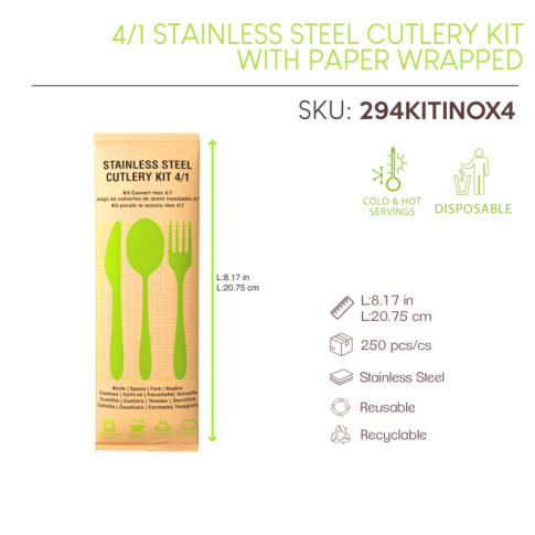 Kit couverts Noxcut en inox 4/1: couteau fourchette cuillère à soupe et serviette, emballage papier 230x60mm H25mm