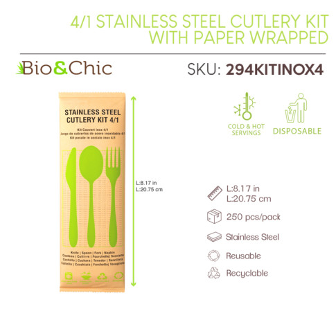 Kit couverts Noxcut en inox 4/1: couteau fourchette cuillère à soupe et serviette, emballage papier 230x60mm H25mm