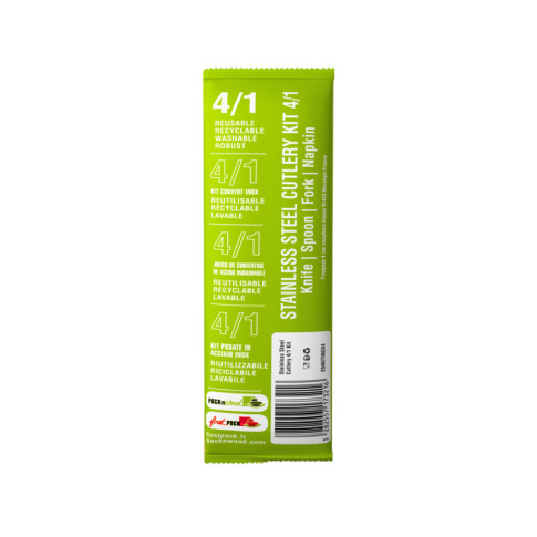 Kit couverts Noxcut en inox 4/1: couteau fourchette cuillère à soupe et serviette, emballage papier 230x60mm H25mm