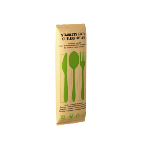 Kit couverts Noxcut en inox 4/1: couteau fourchette cuillère à soupe et serviette, emballage papier 230x60mm H25mm
