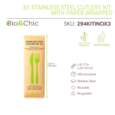 Kit couverts Noxcut en inox 3/1: couteau fourchette serviette, emballage papier 230x60mm H16mm