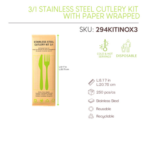 Kit couverts Noxcut en inox 3/1: couteau fourchette serviette, emballage papier 230x60mm H16mm