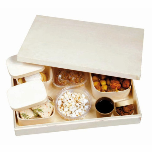 Plateau repas en bois complet "Saga": plateau, couverts et 4 contenants  430x290mm H68mm