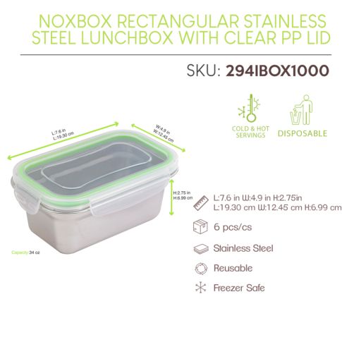 Boite repas rectangulaire NoxBox en inox avec couvercle en plastique PP193x125mm H70mm 1000ml