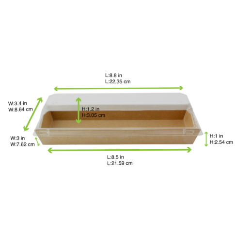 Barquette sushi en carton kraft brun avec couvercle transparent en plastique PET  209x78mm H25mm