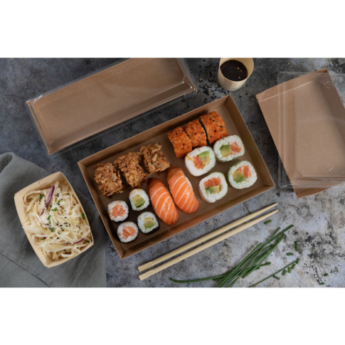 Barquette sushi en carton kraft brun avec couvercle transparent en plastique PET  209x78mm H25mm