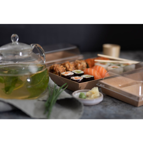 Barquette sushi en carton kraft brun avec couvercle transparent en plastique PET  209x78mm H25mm