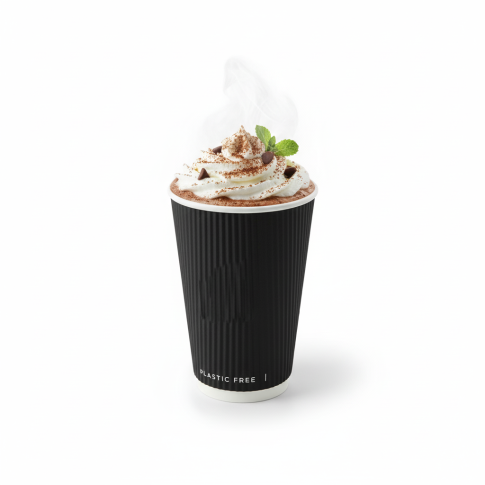 Gobelet Rippley en carton kraft ondulé noir à double paroi sans plastique, Waterbased  H92mm 230ml