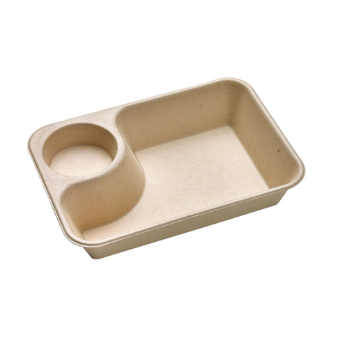 Plateau pulpe rectangulaire brun avec compartiment à sauce  218x165mm H45mm 850ml