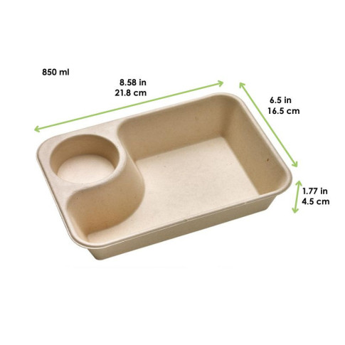Plateau pulpe rectangulaire brun avec compartiment à sauce  218x165mm H45mm 850ml