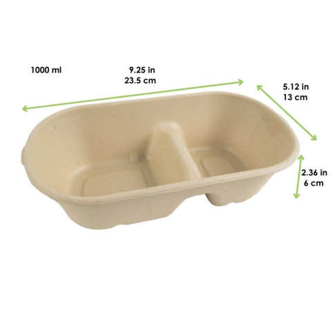 Boite rectangulaire brune en pulpe 2-compartiments  235x130mm H60mm 1000ml