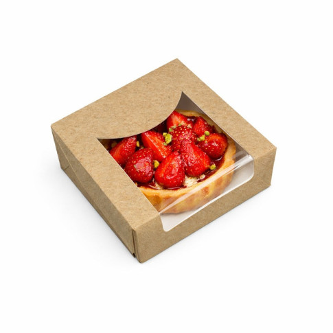 Boite pâtissière carton brun avec couvercle attaché à fenêtre PLA  100x100mm H40mm