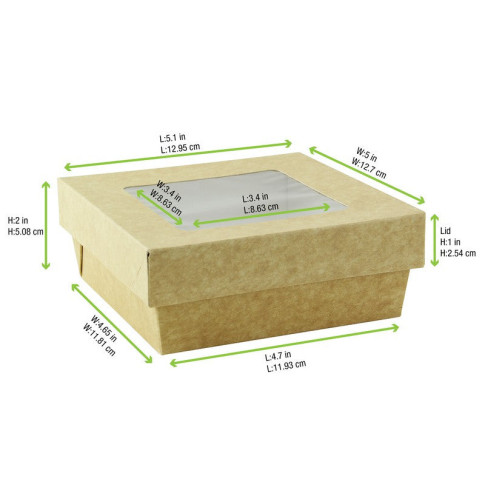Boite "Kray" carrée carton brun avec couvercle à fenêtre  135x135mm H50mm 700ml