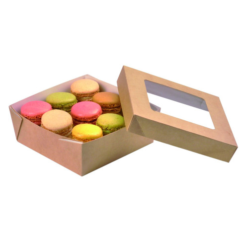 Boite "Kray" carrée carton brun avec couvercle à fenêtre  135x135mm H50mm 700ml