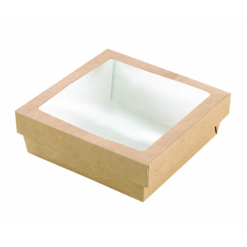Boite "Kray" carrée carton brun avec couvercle à fenêtre  155x155mm H50mm 950ml