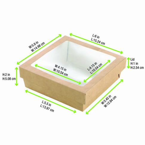 Boite "Kray" carrée carton brun avec couvercle à fenêtre  155x155mm H50mm 950ml
