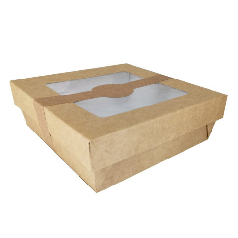 Boite "Kray" carrée carton brun avec couvercle à fenêtre  155x155mm H50mm 950ml