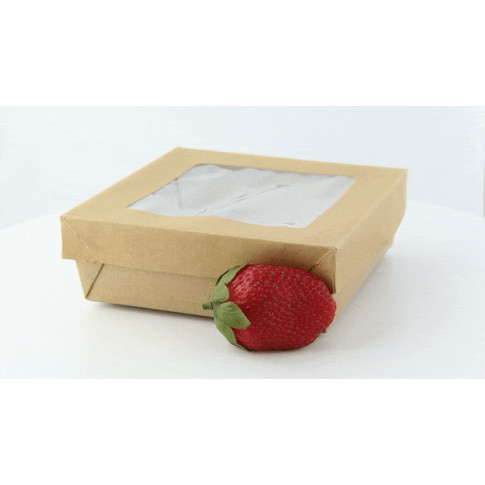 Boite "Kray" carrée carton brun avec couvercle à fenêtre  155x155mm H50mm 950ml