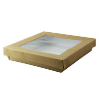 Boîtes "Kray" carrée carton brun avec couvercles à fenêtre 205x205mm H40mm 1000ml